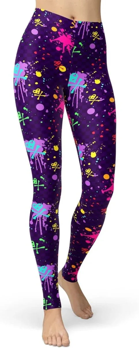 sissycos Women's 80s Leggings Neon Artistic Splash Printed Buttery Soft Stretchy Pants - Throwback Paradise