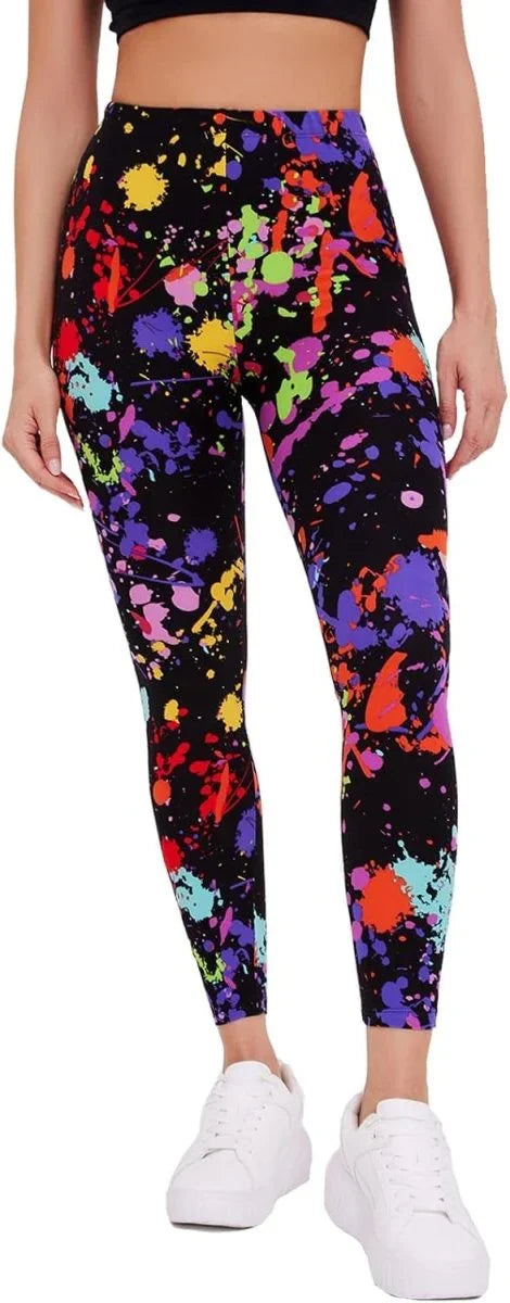 sissycos Women's 80s Leggings Neon Artistic Splash Printed Buttery Soft Stretchy Pants - Throwback Paradise