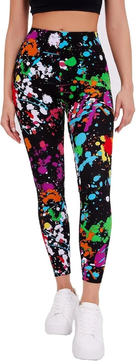 sissycos Women's 80s Leggings Neon Artistic Splash Printed Buttery Soft Stretchy Pants - Throwback Paradise