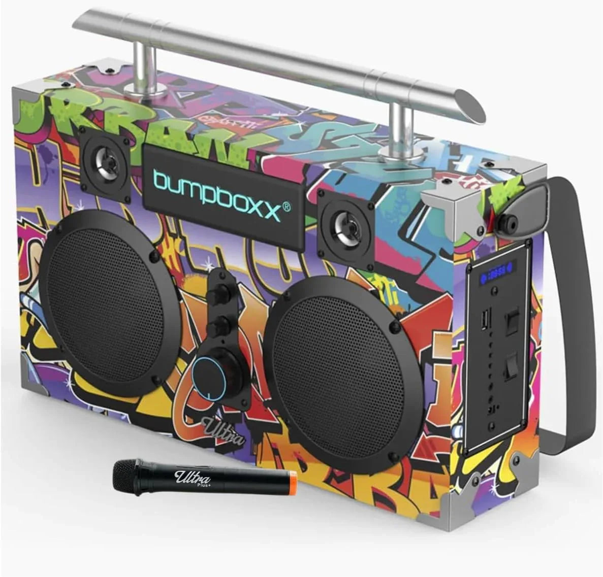 Bumpboxx Bluetooth Boombox Ultra Plus | Retro Boombox with Bluetooth Speaker | Includes Rechargeable Lithium Battery, Carrying Strap & Mic | Easy to Carry | NYC Graffiti - Throwback Paradise