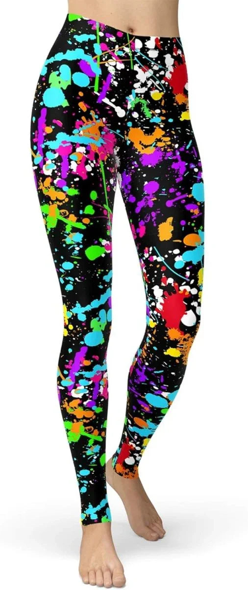 sissycos Women's 80s Leggings Neon Artistic Splash Printed Buttery Soft Stretchy Pants - Throwback Paradise