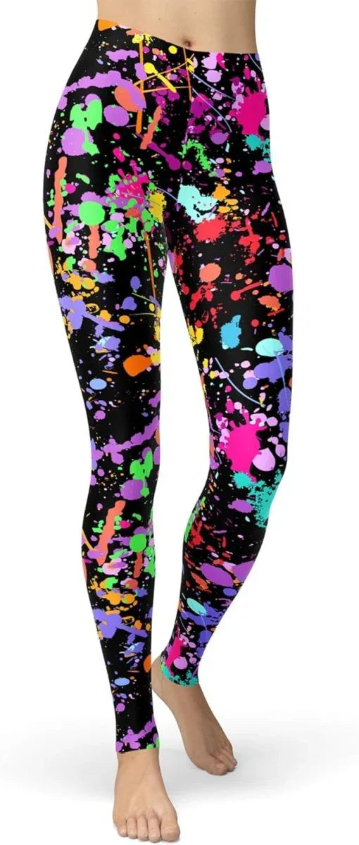 sissycos Women's 80s Leggings Neon Artistic Splash Printed Buttery Soft Stretchy Pants - Throwback Paradise