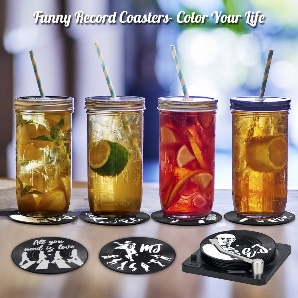Valdivia Funny Retro Vinyl Record Coasters with Player, 6 Pcs Music Coasters for Drinks, Bars, Party, Birthday Gifts for Music Lovers, Home Decor Housewarming and White Elephant Gifts Ideas - Throwback Paradise
