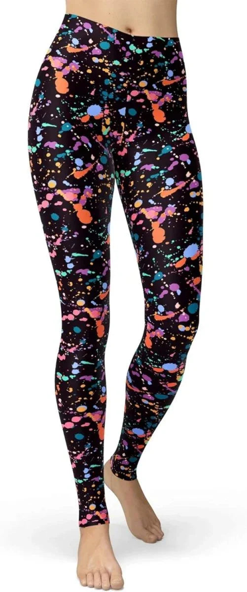 sissycos Women's 80s Leggings Neon Artistic Splash Printed Buttery Soft Stretchy Pants - Throwback Paradise