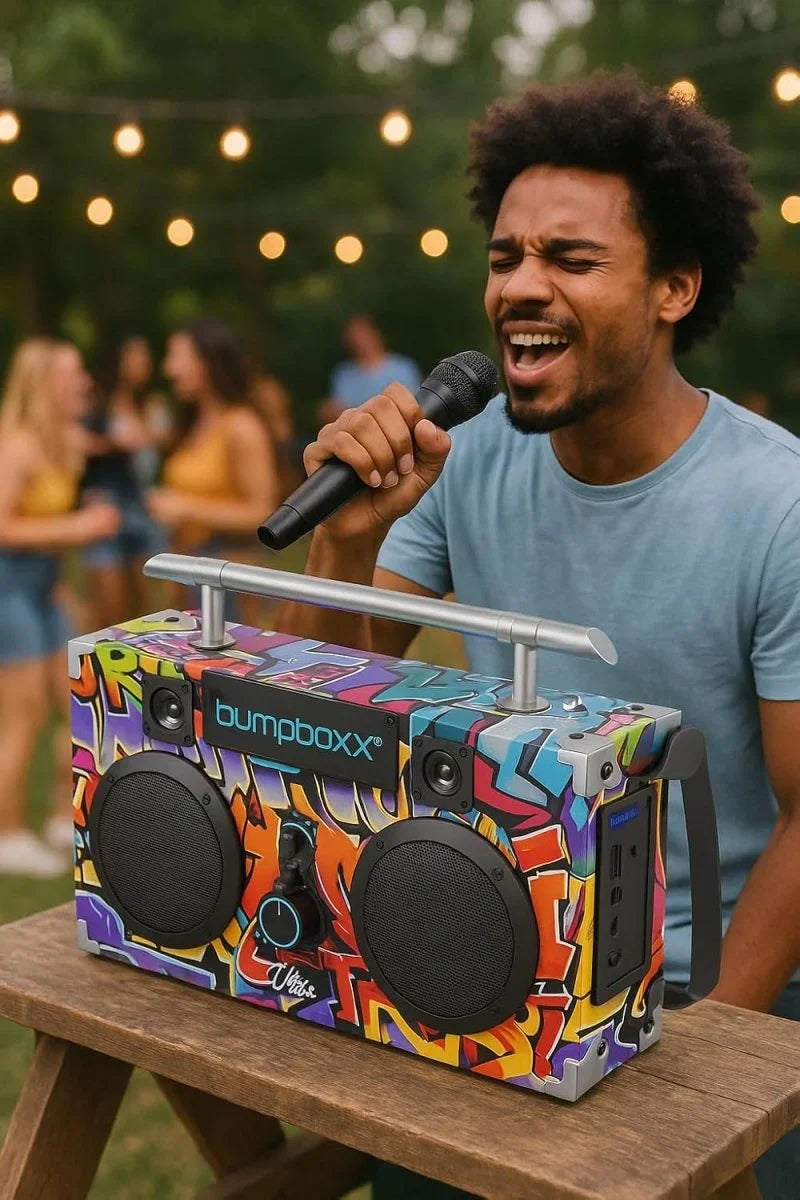 Bumpboxx Bluetooth Boombox Ultra Plus | Retro Boombox with Bluetooth Speaker | Includes Rechargeable Lithium Battery, Carrying Strap & Mic | Easy to Carry | NYC Graffiti - Throwback Paradise