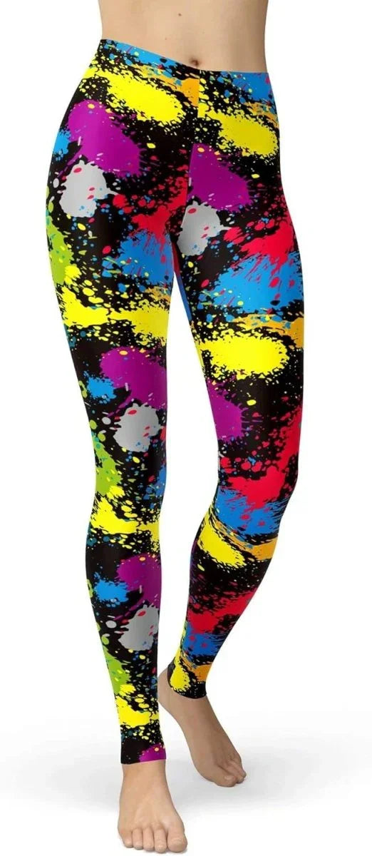 sissycos Women's 80s Leggings Neon Artistic Splash Printed Buttery Soft Stretchy Pants - Throwback Paradise