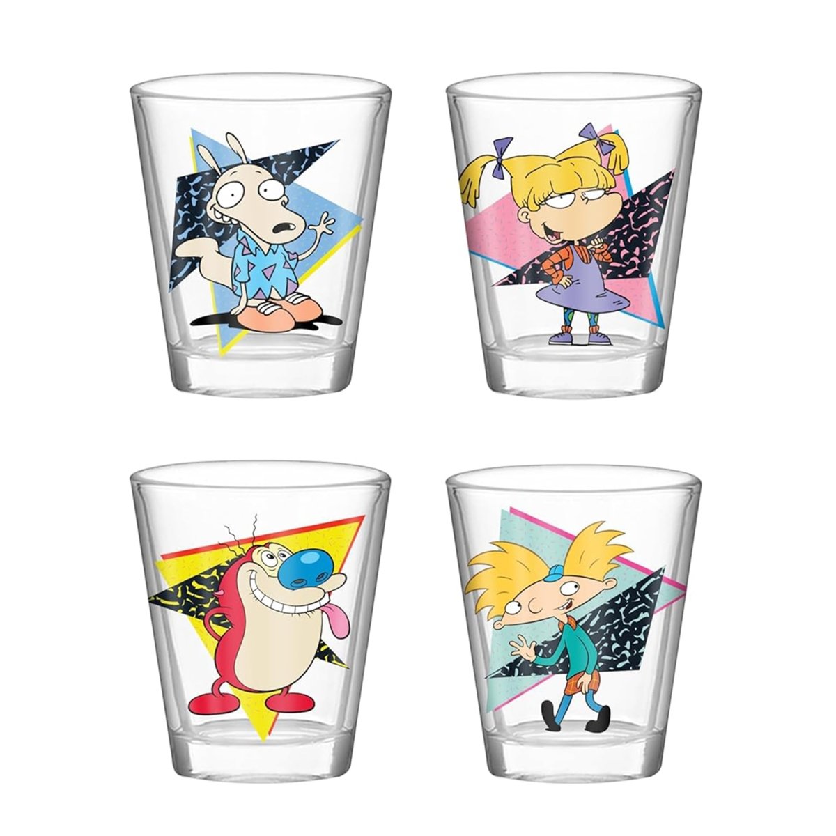 Silver Buffalo Nickelodeon Retro Featuring Rocko, Angelica, Stimpy, and Arnold 4 Pack Mini Glass Set, 1.5 Ounces - Throwback Paradise