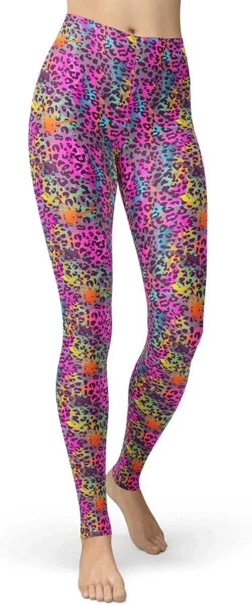 sissycos Women's 80s Leggings Neon Artistic Splash Printed Buttery Soft Stretchy Pants - Throwback Paradise