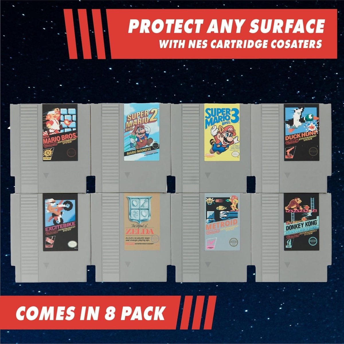 Paladone Nintendo NES Cartridge Retro Drink Coasters for Gamers - Set of 8 - Featuring Donkey Kong, Legend of Zelda, Super Mario, and More Classic Games - Throwback Paradise