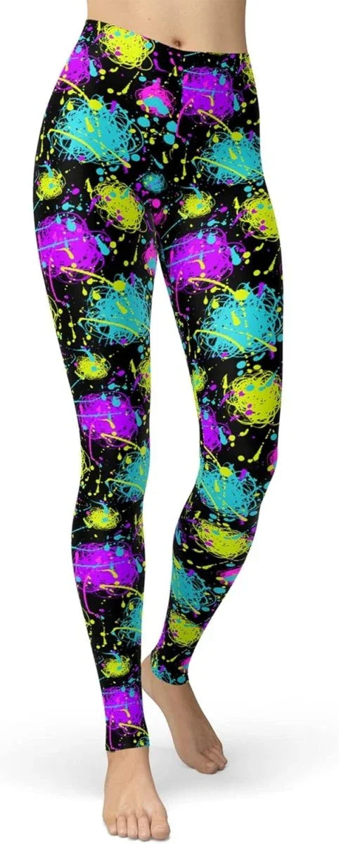 sissycos Women's 80s Leggings Neon Artistic Splash Printed Buttery Soft Stretchy Pants - Throwback Paradise
