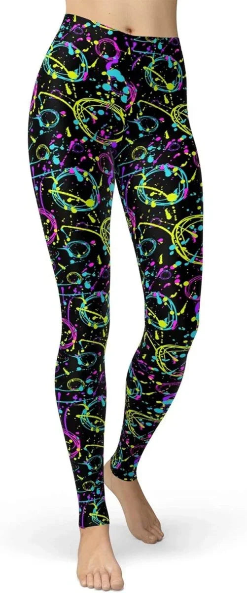 sissycos Women's 80s Leggings Neon Artistic Splash Printed Buttery Soft Stretchy Pants - Throwback Paradise