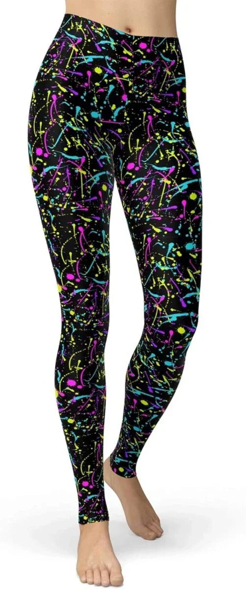 sissycos Women's 80s Leggings Neon Artistic Splash Printed Buttery Soft Stretchy Pants - Throwback Paradise