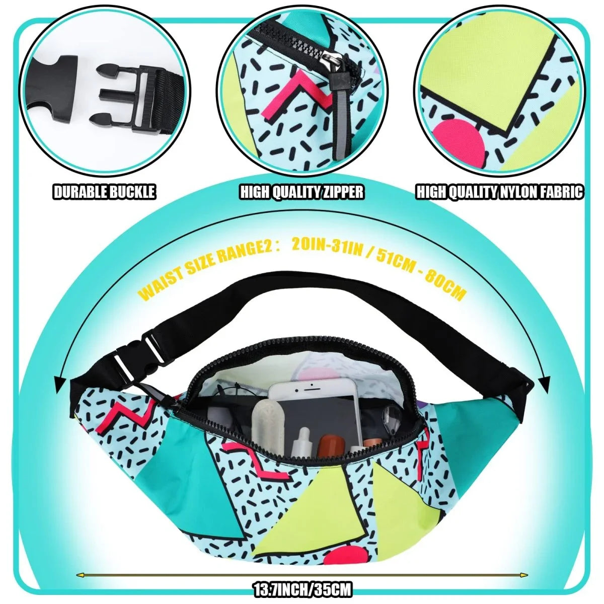 Sotiff 2 Pcs 80s 90s Fanny Pack Retro Waist Packs for Men Women Adjustable Casual Waist Bag Neon Cute Vintage Hiking Belt Bags for Travel Party Festival Hiking(Neon Style) - Throwback Paradise