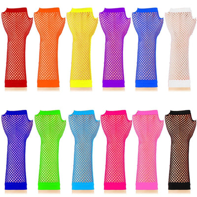 TecUnite 12 Pairs Fishnet Gloves Fingerless Neon Gloves for Women Men 80s Party Costume Accessories Supplies - Throwback Paradise