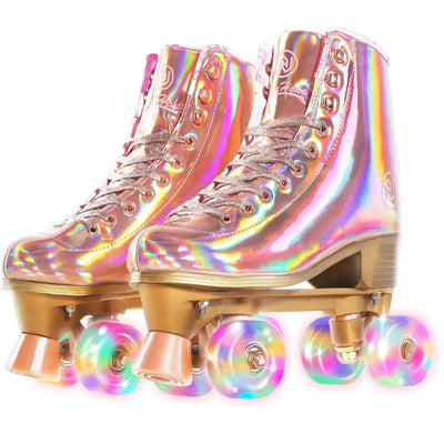 JajaHoho Roller Skates for Women, Holographic High Top PU Leather Rollerskates, Shiny Double - Row Four Wheels Quad Skates for Girls and Age 8 - 50 Indoor (Pink Rose Gold) - Throwback Paradise