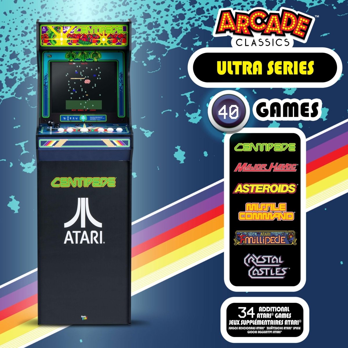 Arcade Classics - Atari Centipede Ultra Series Game Machine, 40 Games, 17" Liquid Crystal Screen - Indoor Cabinet, Retro, Gaming Console, Basement Decoration, Man Cave - Throwback Paradise