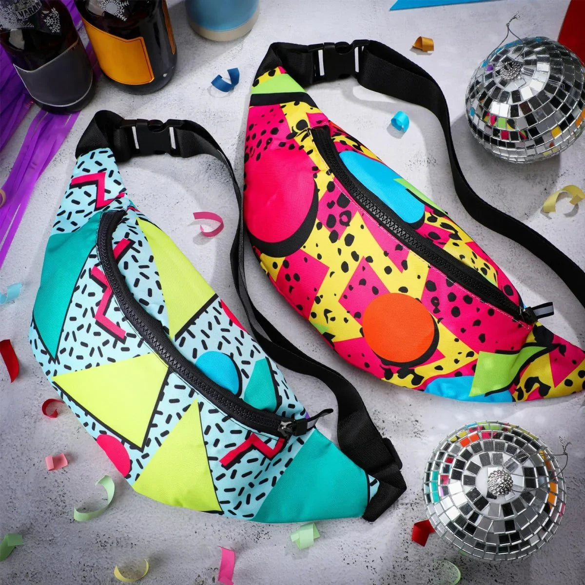 Sotiff 2 Pcs 80s 90s Fanny Pack Retro Waist Packs for Men Women Adjustable Casual Waist Bag Neon Cute Vintage Hiking Belt Bags for Travel Party Festival Hiking(Neon Style) - Throwback Paradise