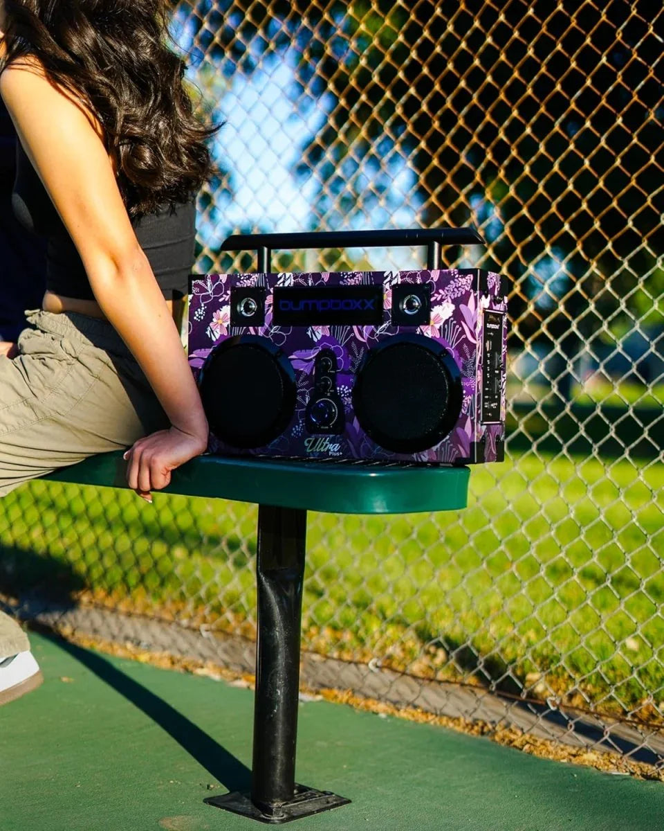 Bumpboxx Bluetooth Boombox Ultra Plus | Retro Boombox with Bluetooth Speaker | Includes Rechargeable Lithium Battery, Carrying Strap & Mic | Easy to Carry | NYC Graffiti - Throwback Paradise