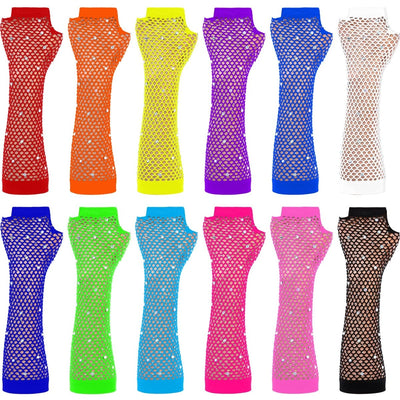 TecUnite 12 Pairs Fishnet Gloves Fingerless Neon Gloves for Women Men 80s Party Costume Accessories Supplies - Throwback Paradise