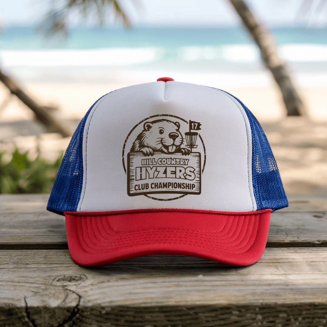 Printify Hats Blue/Red / One size Hill Country Hyzers Disc Golf Championship - Trucker Hat