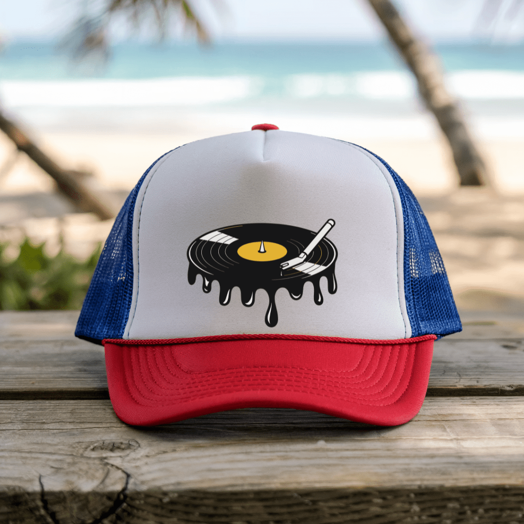 Printify Hats Blue/Red / One size Melted Record - Trucker Hat