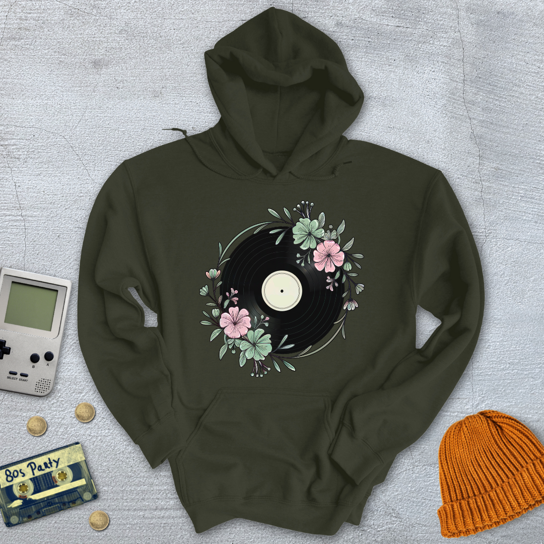 Printify Hoodie Military Green / S Flower Record - Hoodie