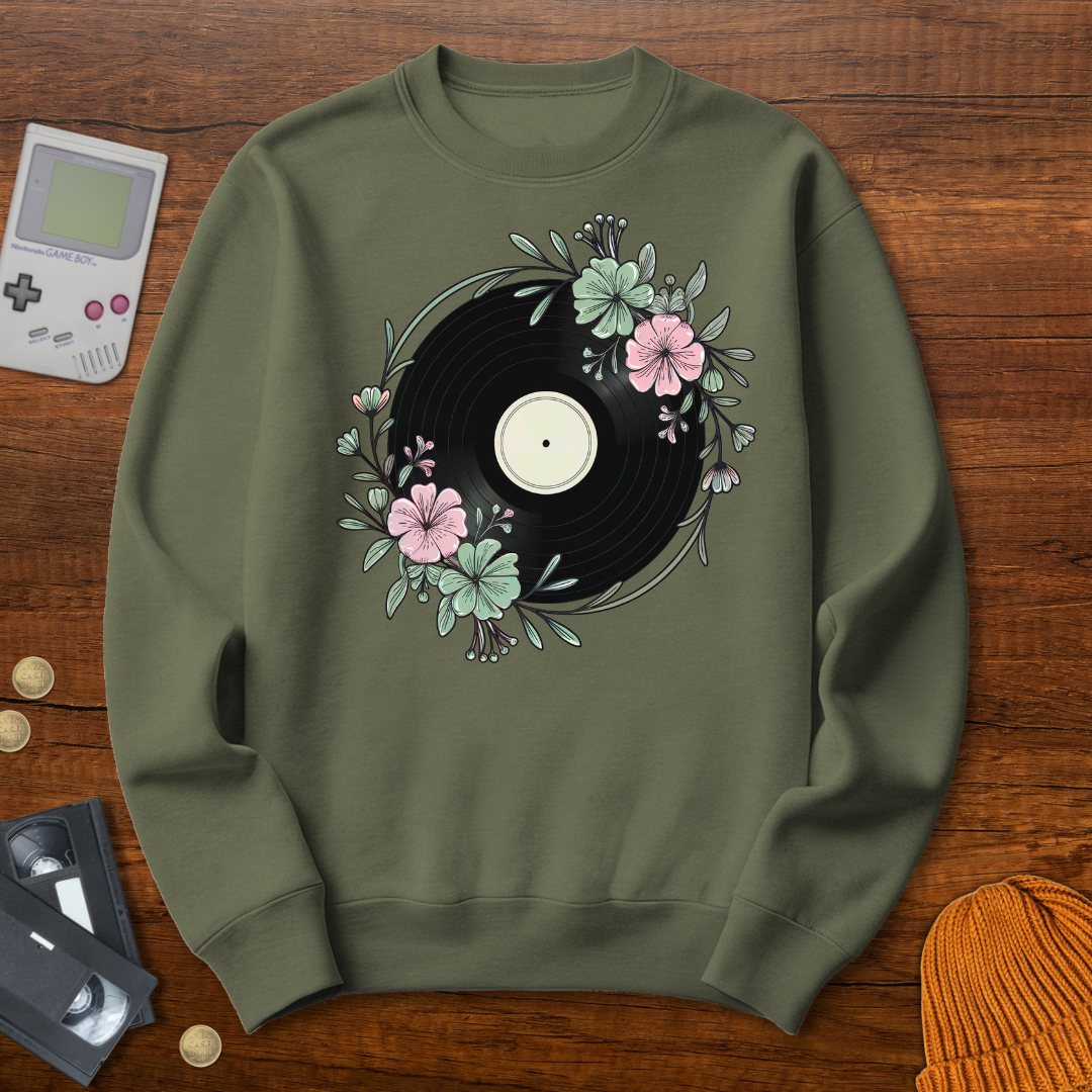Printify Sweatshirt S / Military Green Flower Record - Sweatshirt