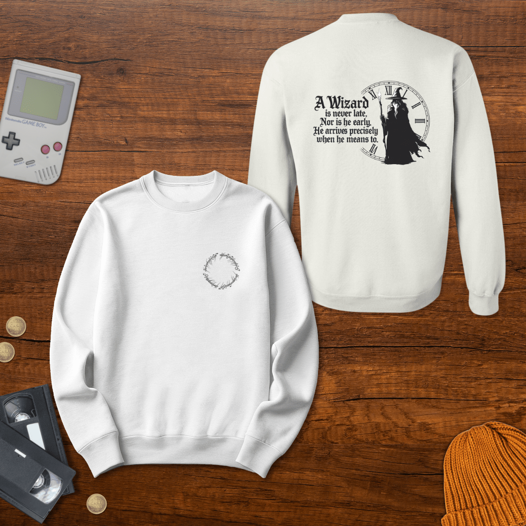 Printify Sweatshirt S / White Wizard never late - Sweatshirt