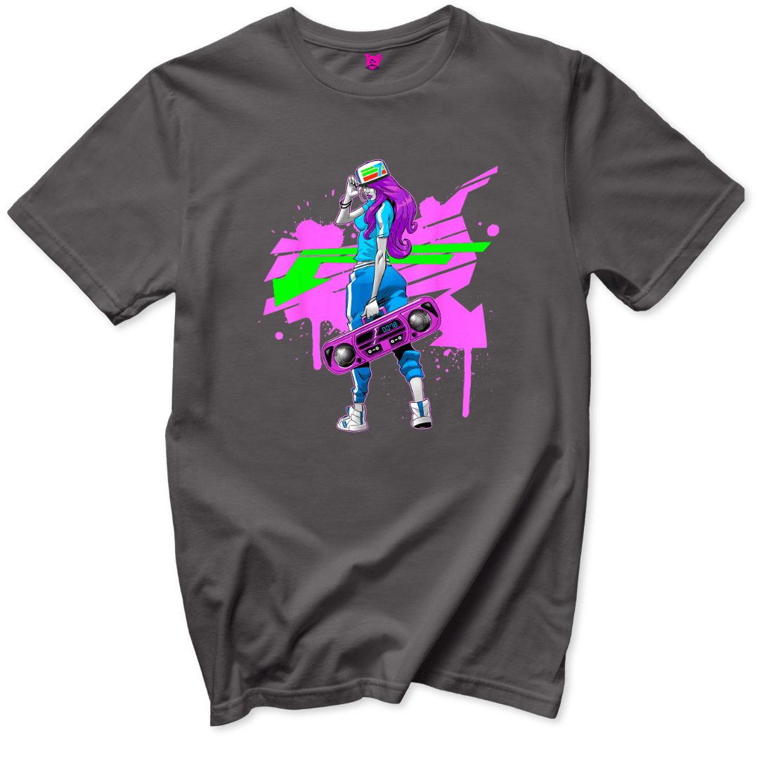 Neon Boombox Girl Retro T-Shirt - Throwback Paradise
