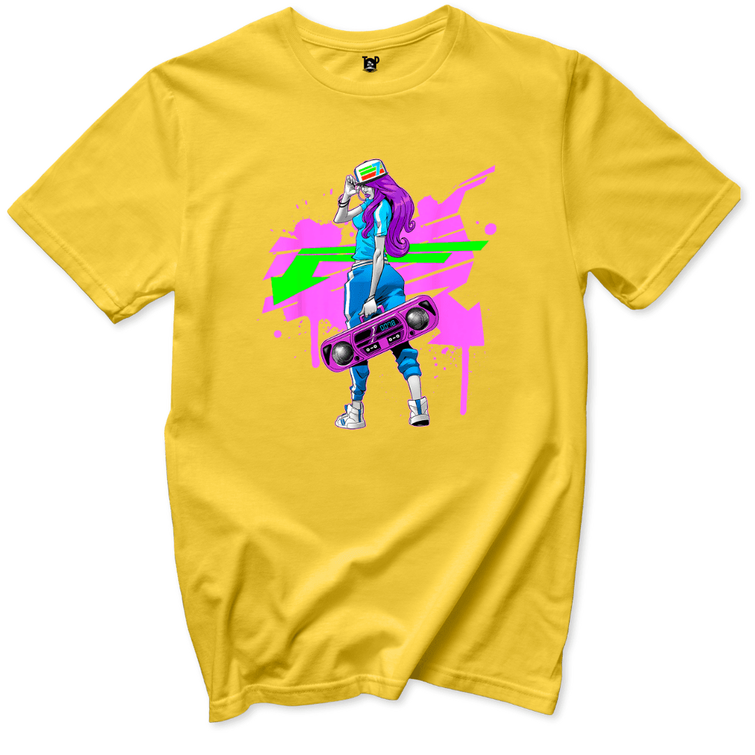 Neon Boombox Girl Retro T-Shirt - Throwback Paradise