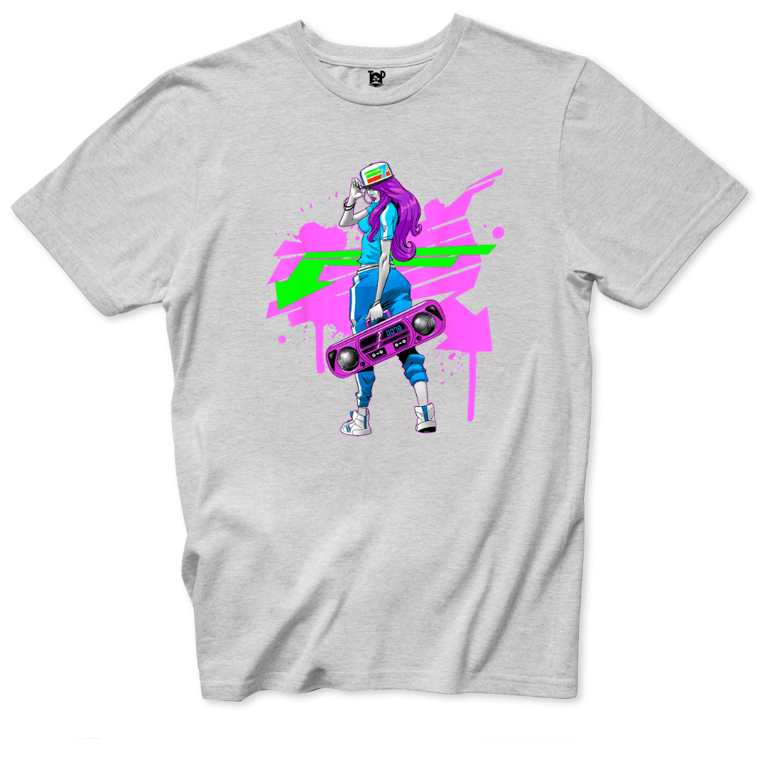 Neon Boombox Girl Retro T-Shirt - Throwback Paradise