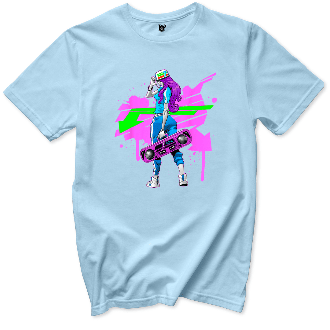 Neon Boombox Girl Retro T-Shirt - Throwback Paradise