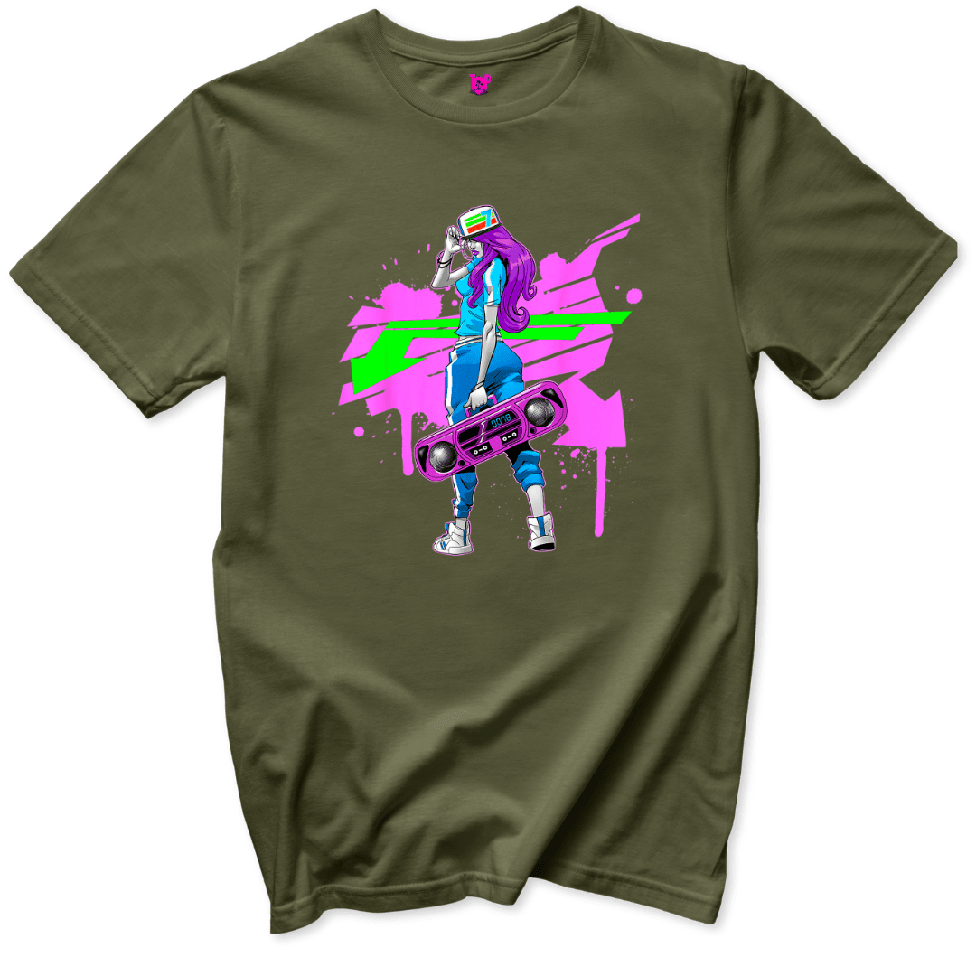 Neon Boombox Girl Retro T-Shirt - Throwback Paradise