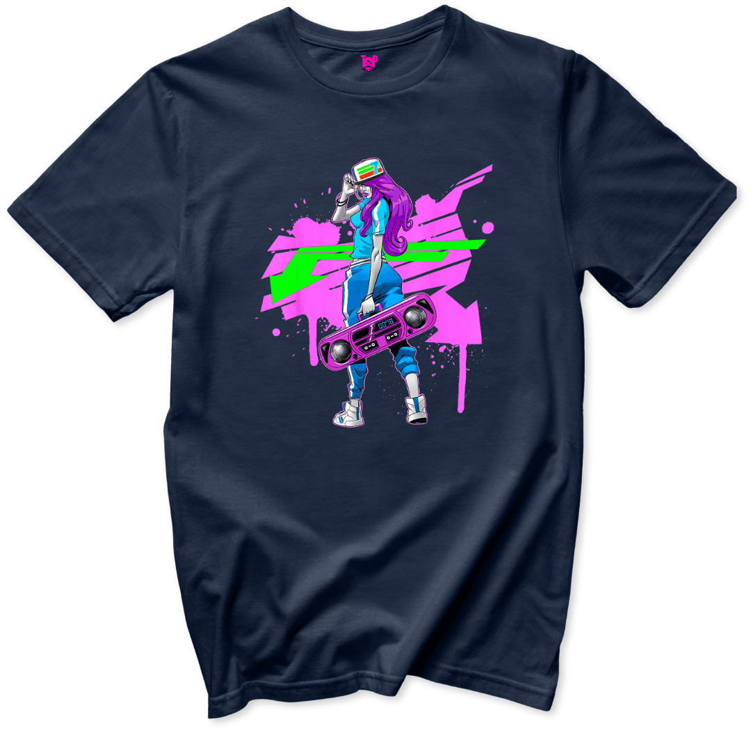 Neon Boombox Girl Retro T-Shirt - Throwback Paradise
