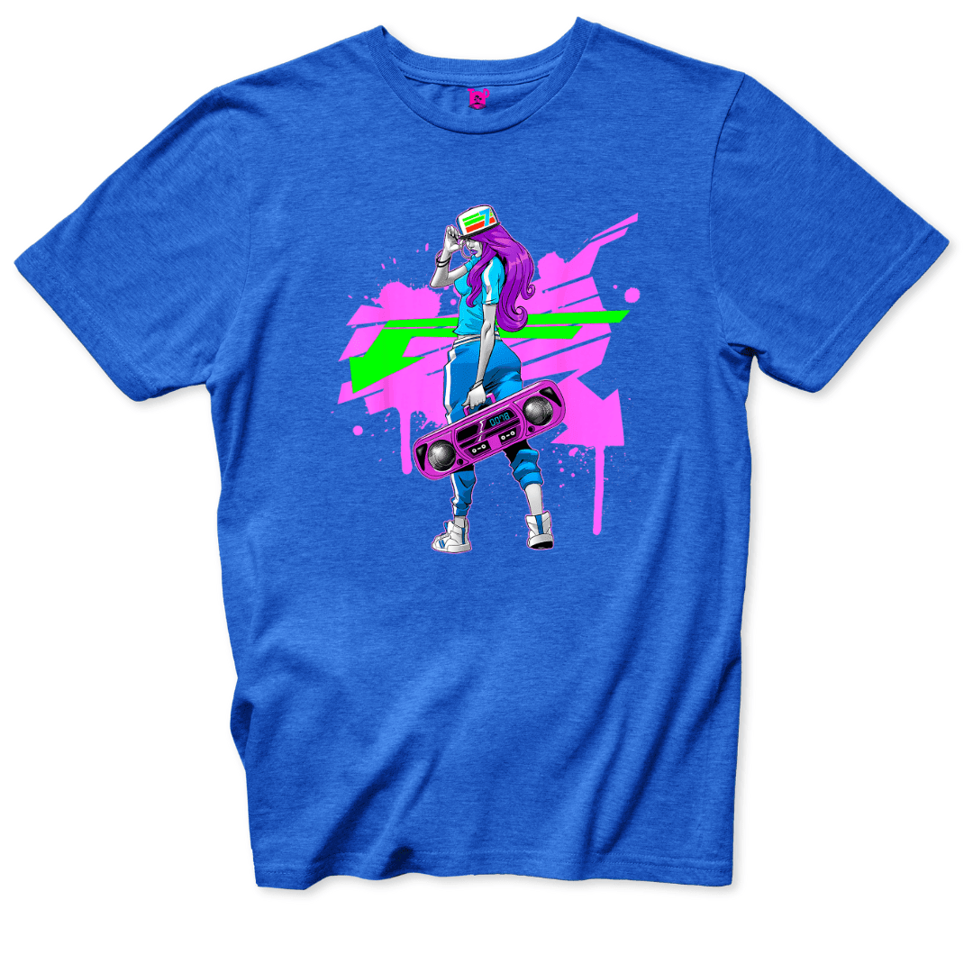 Neon Boombox Girl Retro T-Shirt - Throwback Paradise