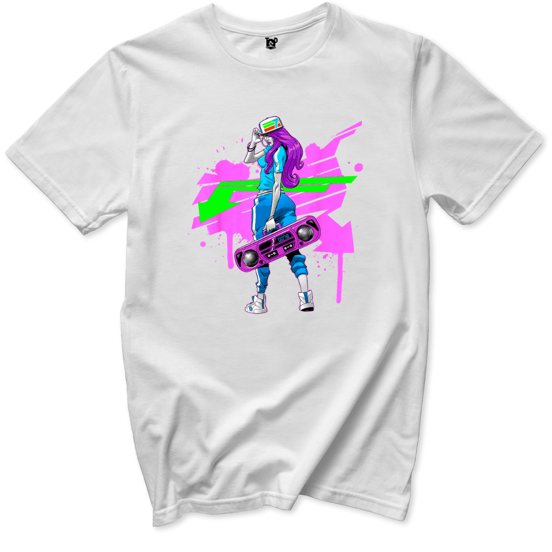 Neon Boombox Girl Retro T-Shirt - Throwback Paradise